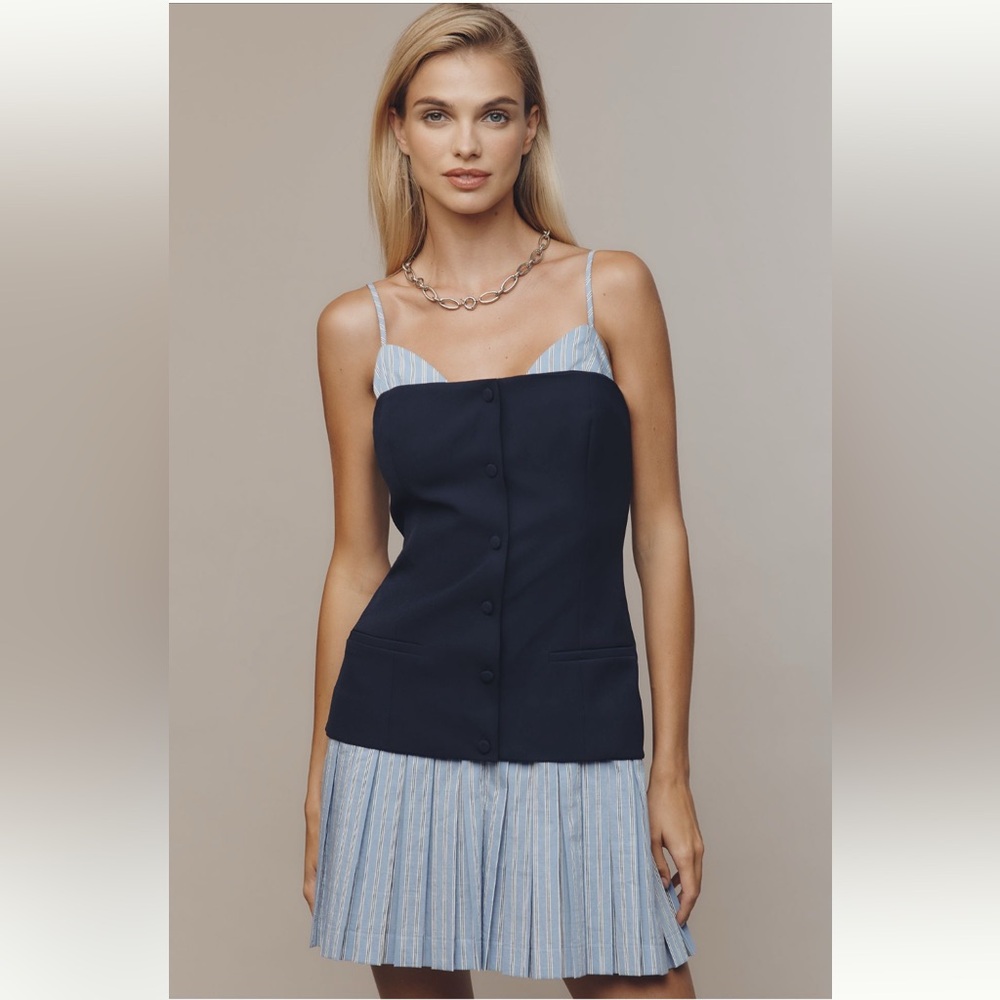 Anthropologie Navy Pinstripe Peekaboo Twofer Mini Dress NWT XL preppy Feminine - Picture 1 of 9